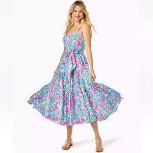 New Lilly Pulitzer Edith Cotton Multi Sea Turtle Soirée Tiered Midi Dress size 2